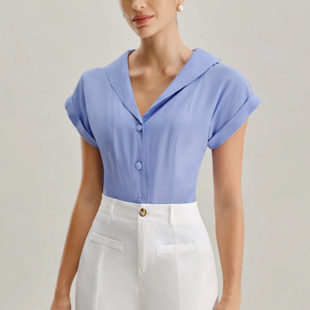 Rihoas Blue Cowl Sleeve Button Shirt
